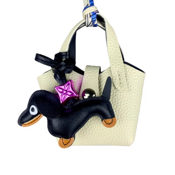 Mini handbag Accessories - Black Dachshund Bag Charm Keychain with Pink Accent